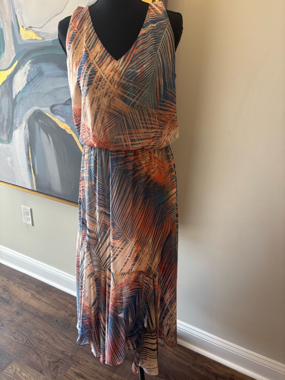 London Times Cream V-Neck Dress with Navy & Rust Print